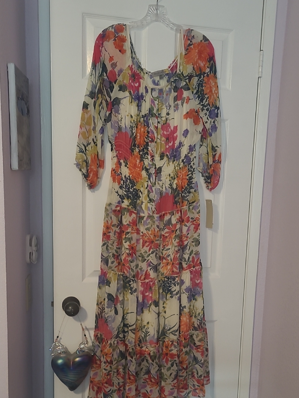 Cream Floral Tiered Maxi Dress with Multicolor Print